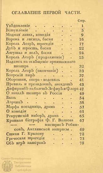 ОГЛАВЛЕНИЕ. Драматический вестник. 1808. Часть I. №№1-26