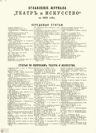ТЕАТР И ИСКУССТВО. 1907. ОГЛАВЛЕНИЕ