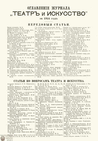 ТЕАТР И ИСКУССТВО. 1914. ОГЛАВЛЕНИЕ