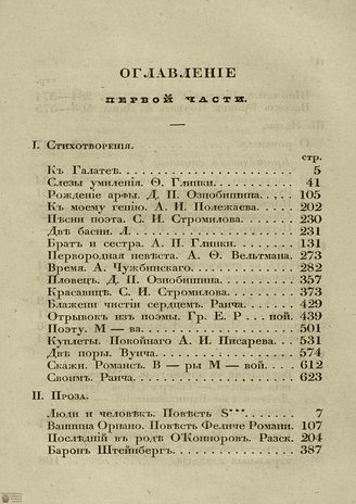 ГАЛАТЕЯ. 1839. Оглавление первой части