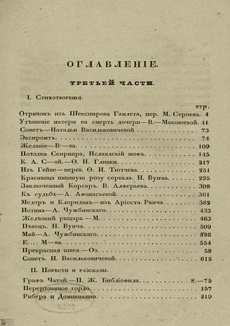 ГАЛАТЕЯ. 1839. Оглавление третьей части