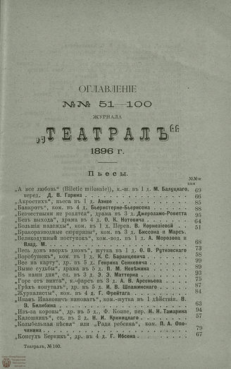 Оглавление ТЕАТРАЛ. 1896. №51-100